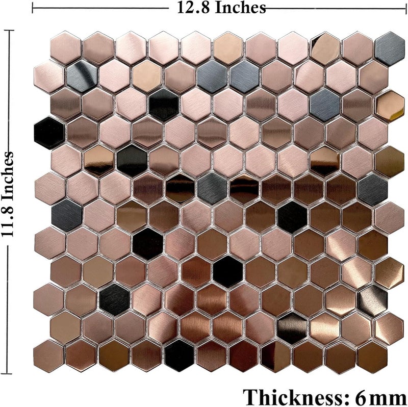 Blujellyfish Hexagon Stainless Steel Brushed Mosaic Tile Bronze Copper Color Black Bathroom Kitchen Backsplash Shower Floor Tiles Accent Mosaics Tile Sheets (5 Square Feet) - Image 3